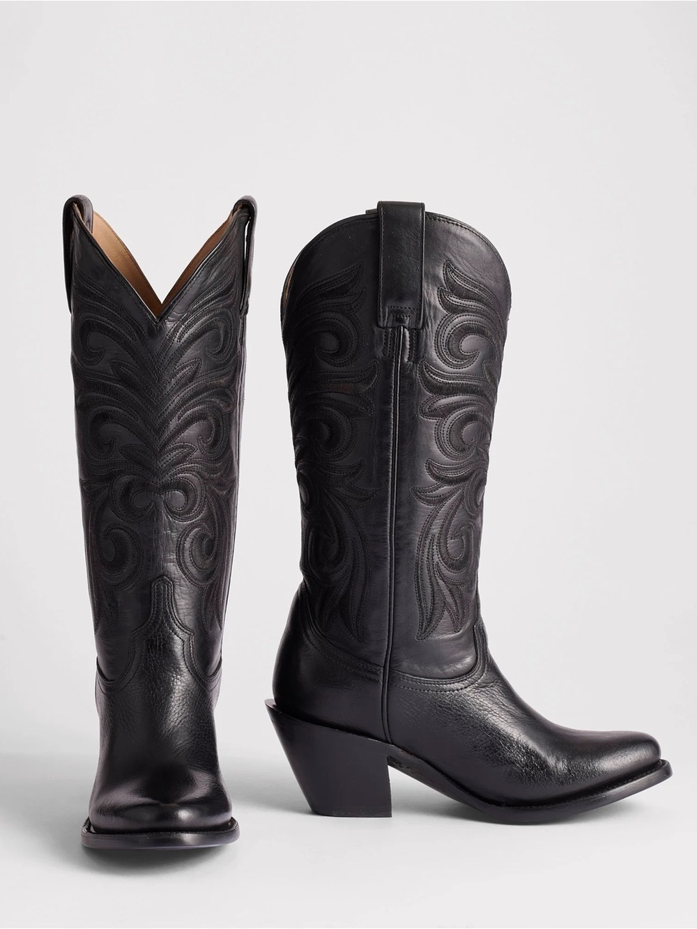 Lucchese Black Embroidered Leather Western Heeled Boots